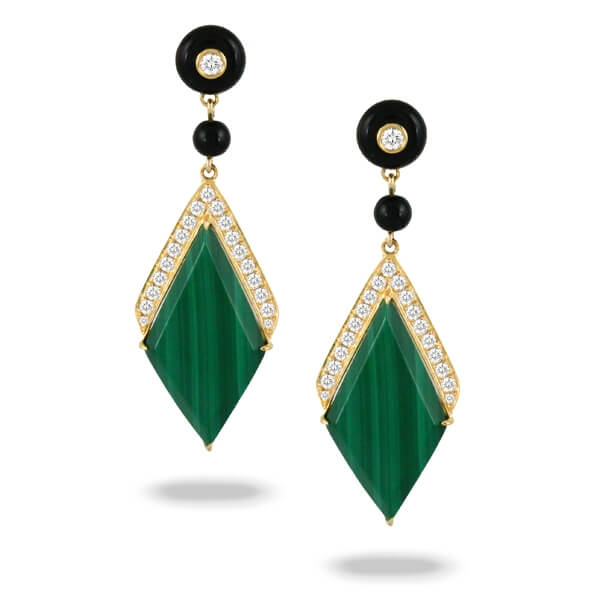 Doves Malachite and Onyx Geometric Earrings with Diamonds