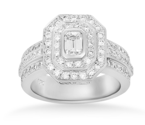 KJ5 Emerald Diamond Double Halo Engagement Ring