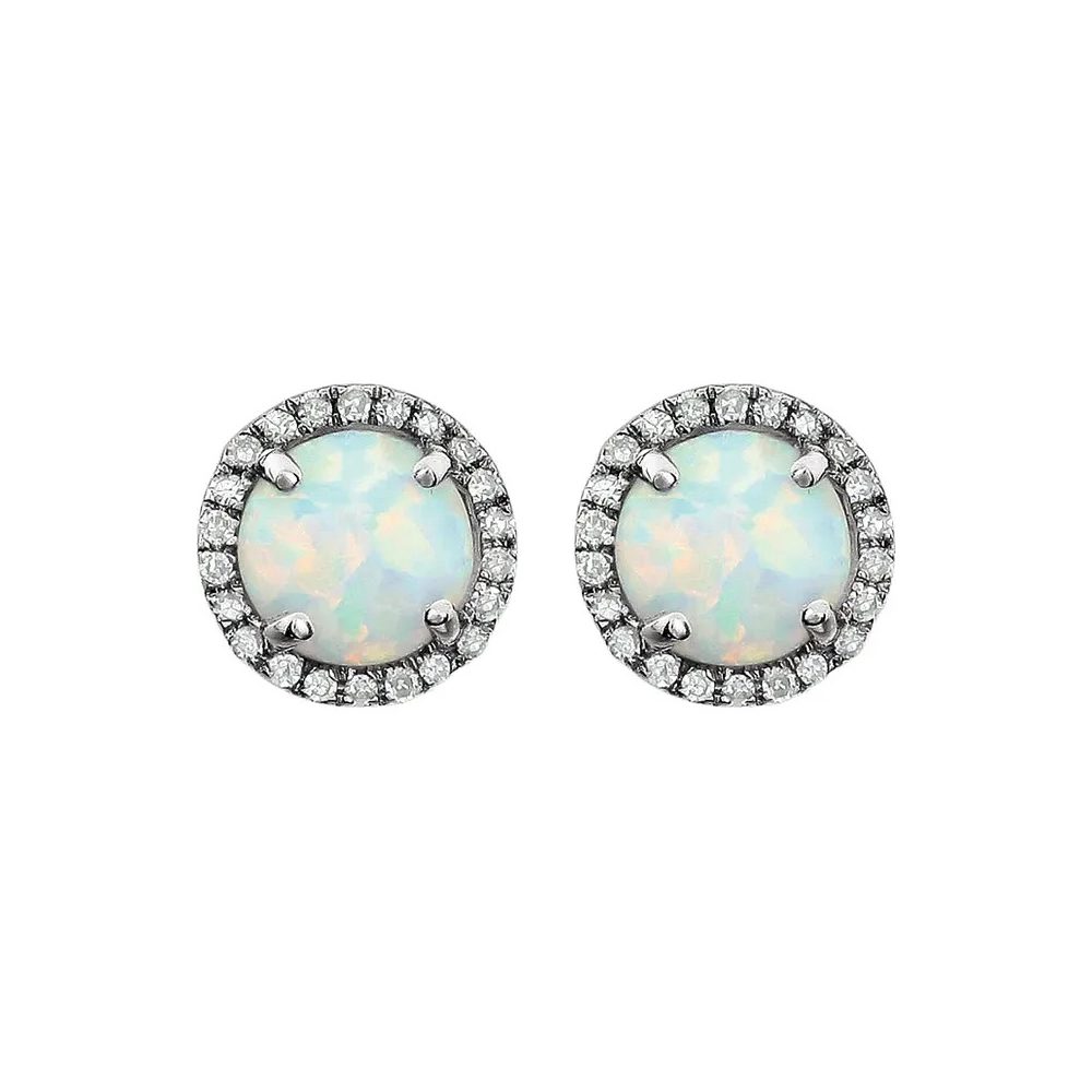 King Jewelers Opal and Diamond Halo October Birthstone Earrings